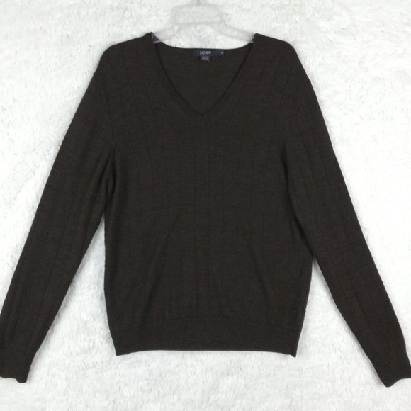 J. Crew Mens Sweater Wool V Neck Windowpane Brown Pullover Long‎ Sleeve Knit M - Picture 1 of 10